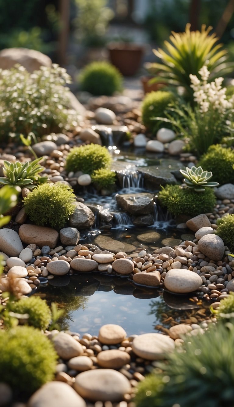 A tranquil pond surrounded by pebbles, nestled in a whimsical backyard fairy garden