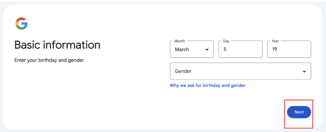 Adding basic information like gender and birthday to create an account in Gmail