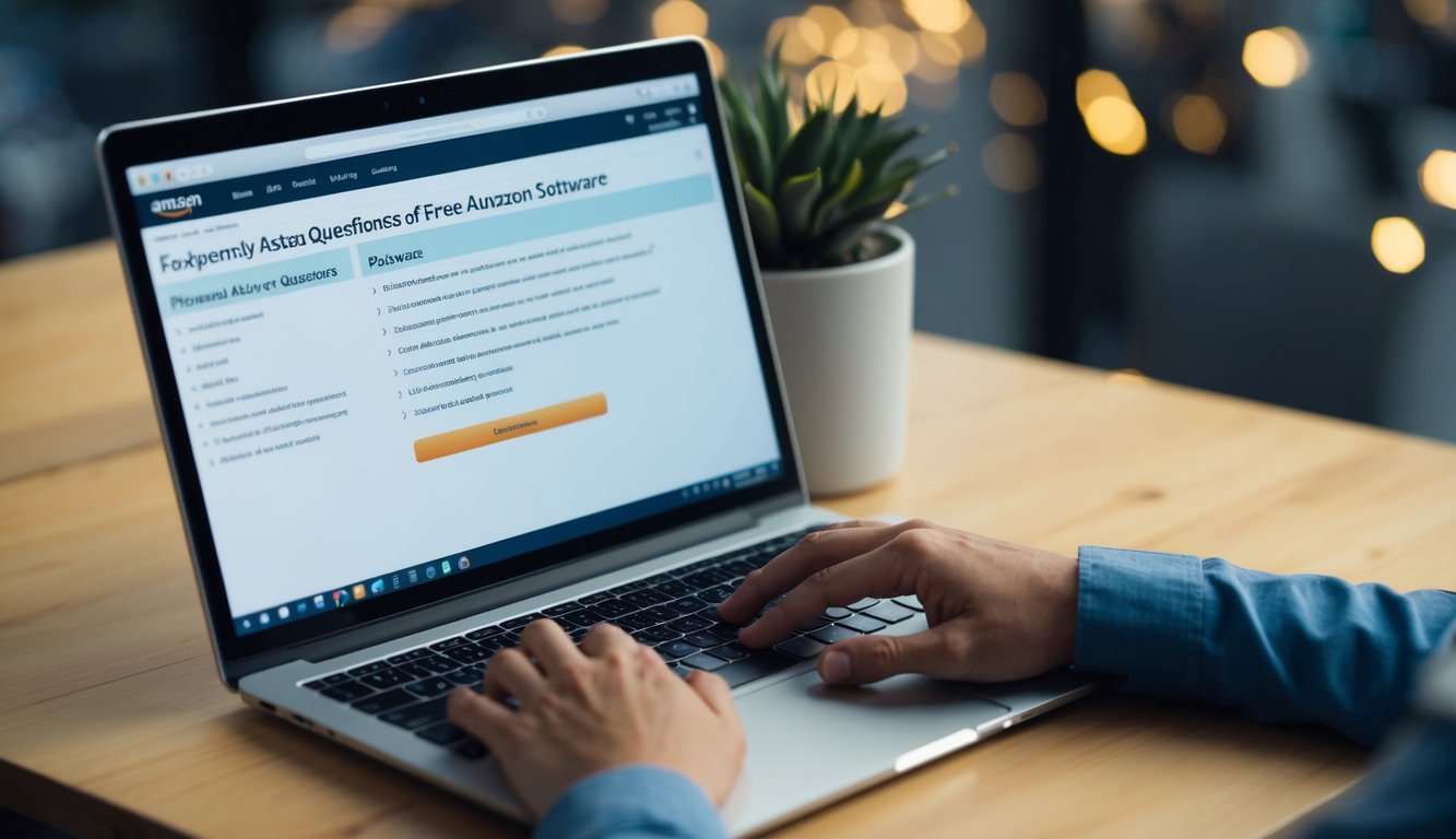 A laptop displaying a webpage with a list of frequently asked questions about free Amazon FBA software. A person typing on the keyboard