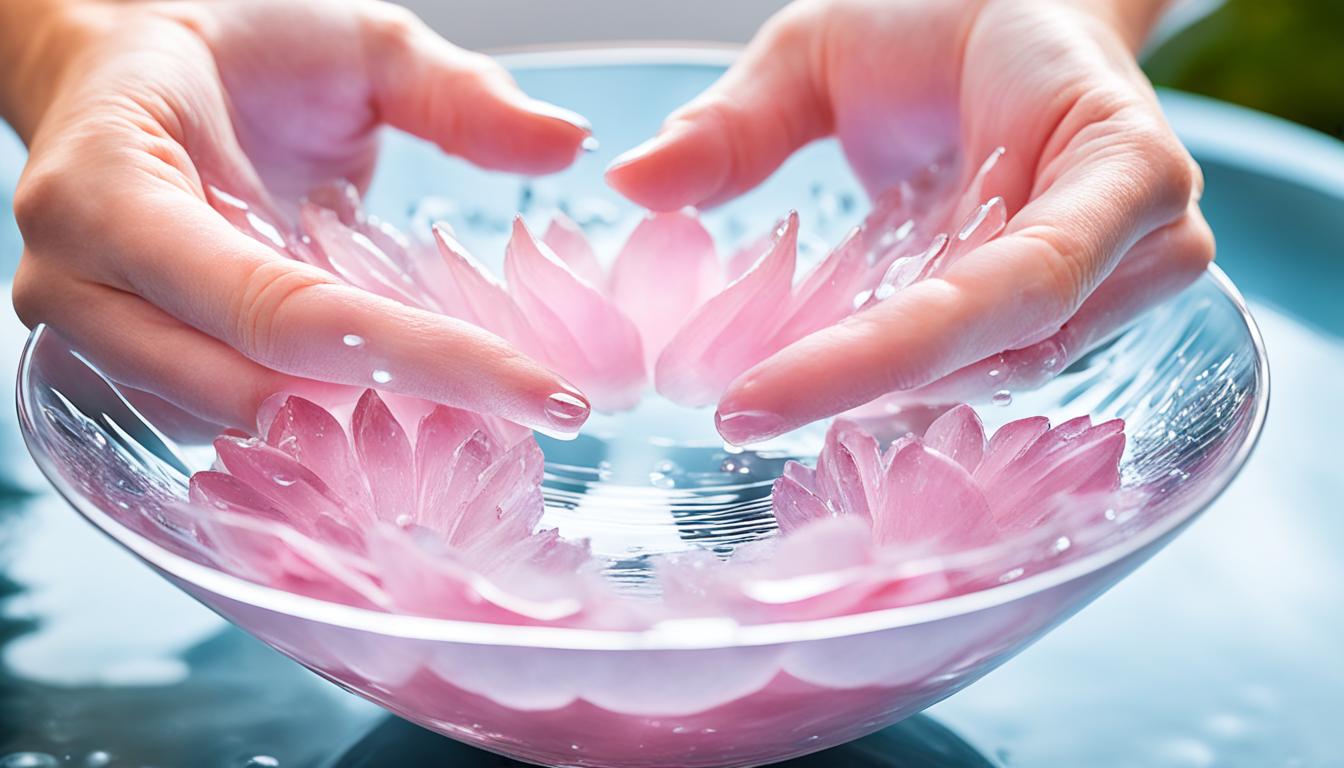 A pair of delicate hands holding a dusty pink rose quartz crystal, submerged in a bowl of cool, clear water. Droplets of water drip down the sides of the bowl, creating ripples in the serene surface. The crystal glows softly as it is cleansed and recharged by the water's purifying energy. The hands cradle the crystal with care and intention, ready to use it to manifest love and romance into their life.