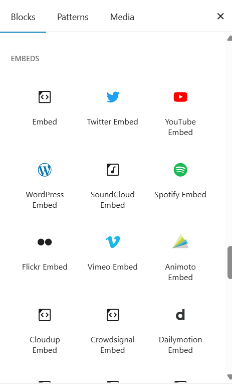 a screenshot of embeds blocks