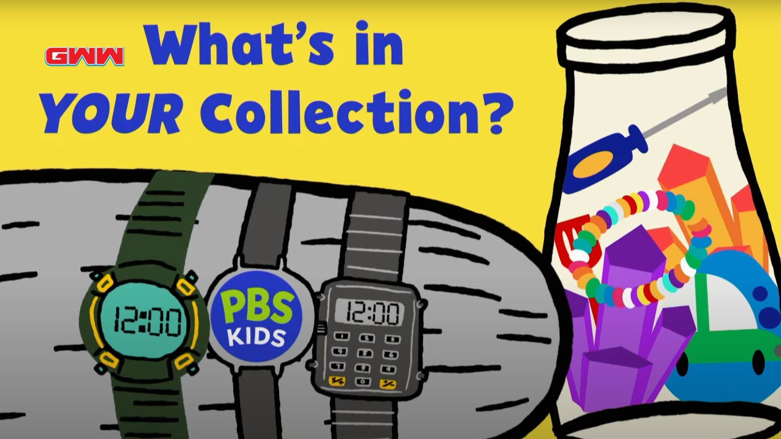 PBS Kids shows colorful collection items including watches and jars with toys.