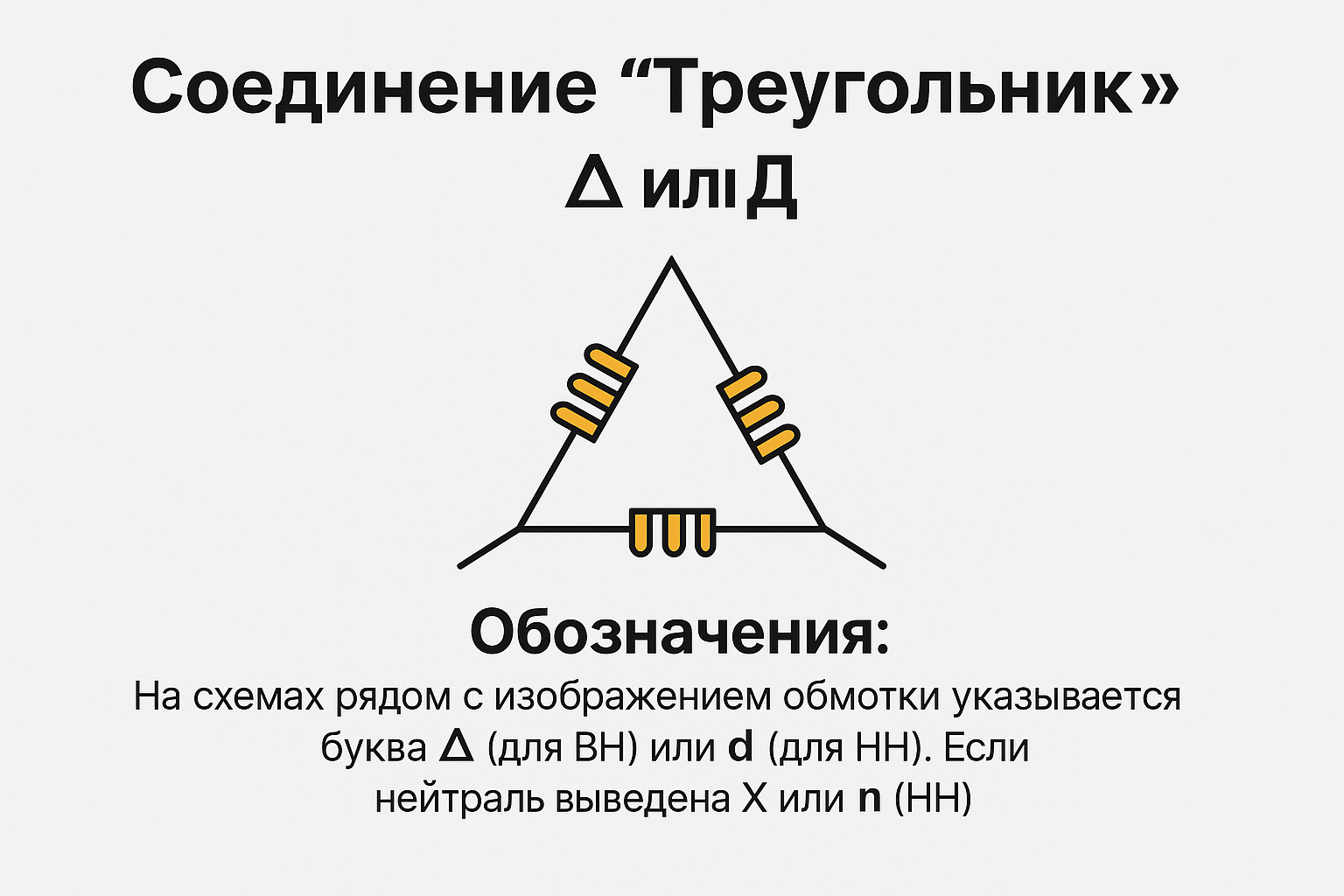 Схема соединения «Треугольник» (Δ или Д) с тремя фазными обмотками, замкнутыми в треугольник