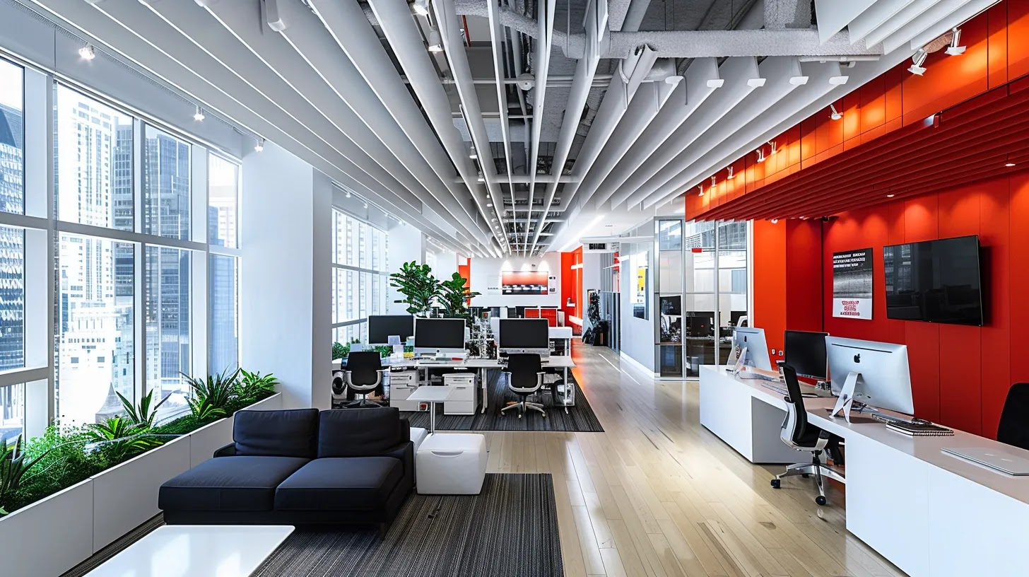 a dynamic office setting featuring sleek digital displays showcasing innovative brand designs, capturing the essence of visual storytelling with vibrant graphics and engaging narrative elements representing both global and local canadian brands.