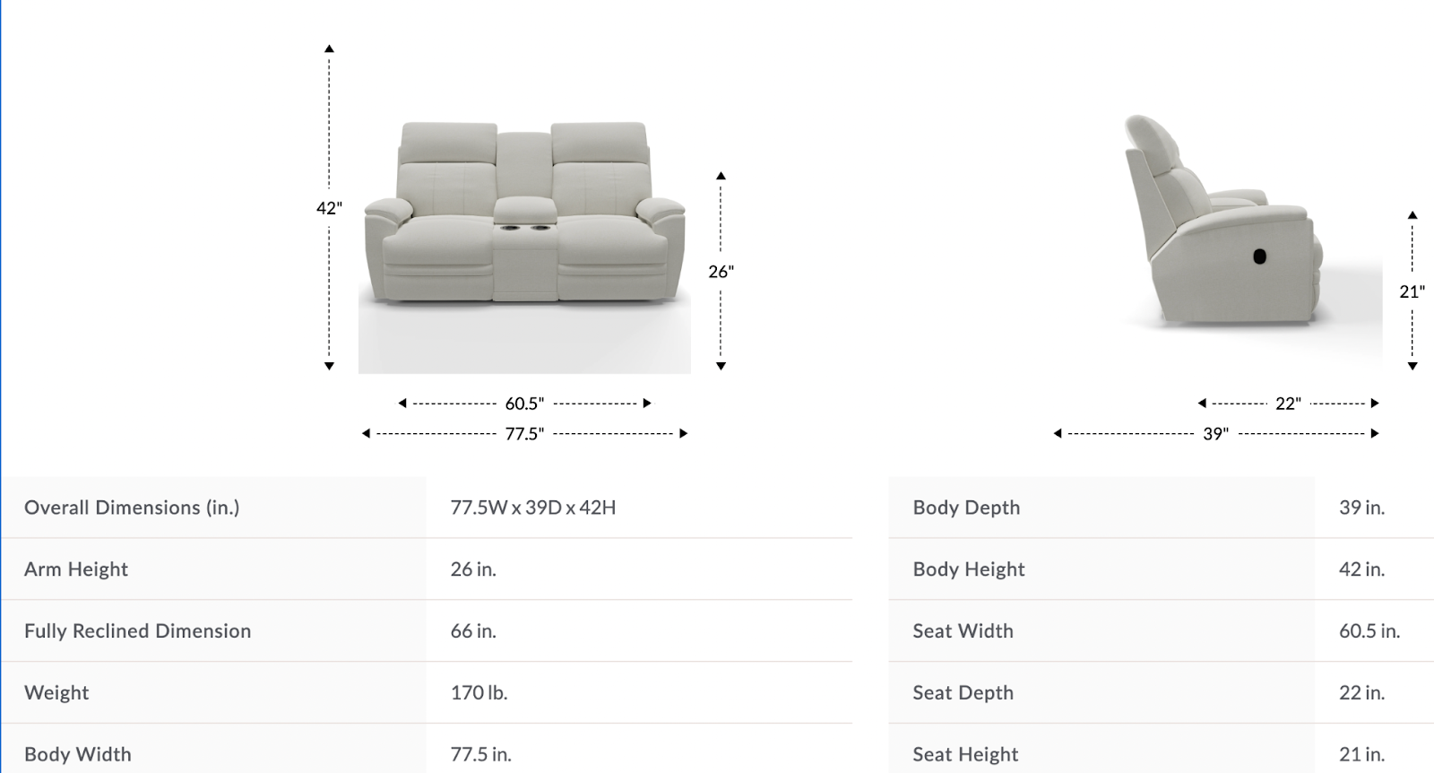 talladega reclining loveseat w/ console dimensions