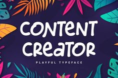 This may contain: the text content creator is surrounded by colorful leaves and plants on a purple background with black spots