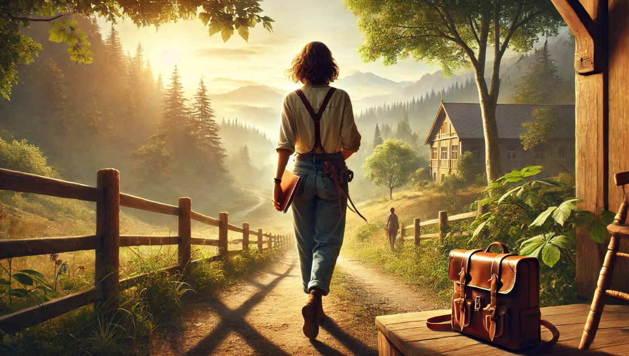 A woman walks down a sunlit rural path, holding a notebook. A leather satchel rests on a porch, with a rustic house and mountains in the background