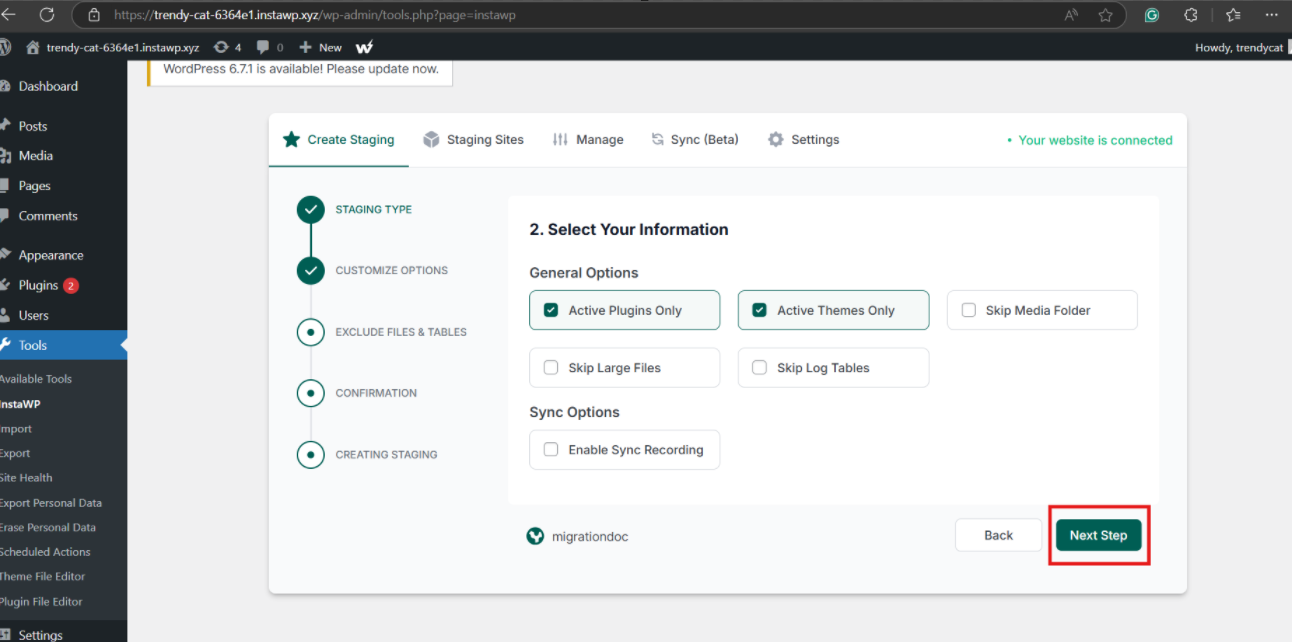Create full staging environment for WordPress migration using InstaWP. 