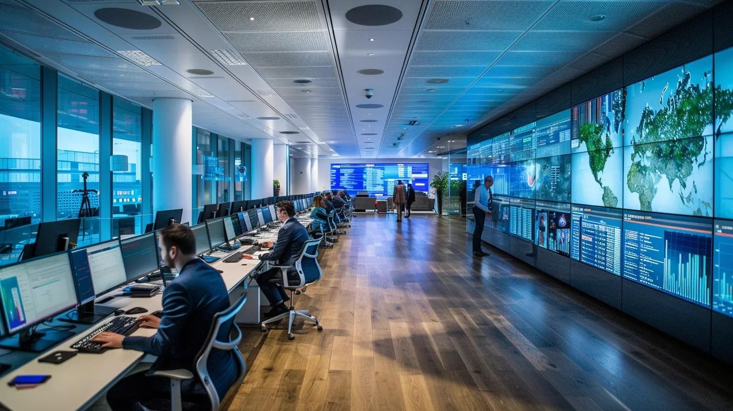 a sleek, modern office space is filled with professionals collaboratively analyzing digital data on high-tech screens, symbolizing the strategic optimization of search intent for enhanced online engagement and business growth.