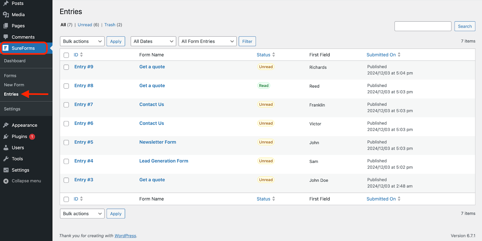 sureforms entries