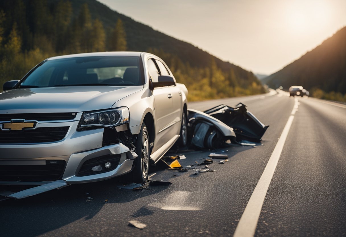 A truck on a highway with a damaged car nearby. Investigators collecting data and taking measurements at the accident scene