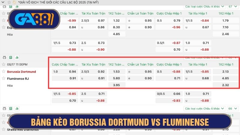 Bảng kèo chi tiết trận Borussia Dortmund vs Fluminense 23h00 ngày 17/06/2025