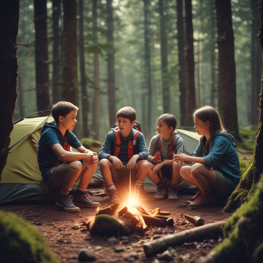 Kids camping in a forest learning survival skills with a tent and campfire