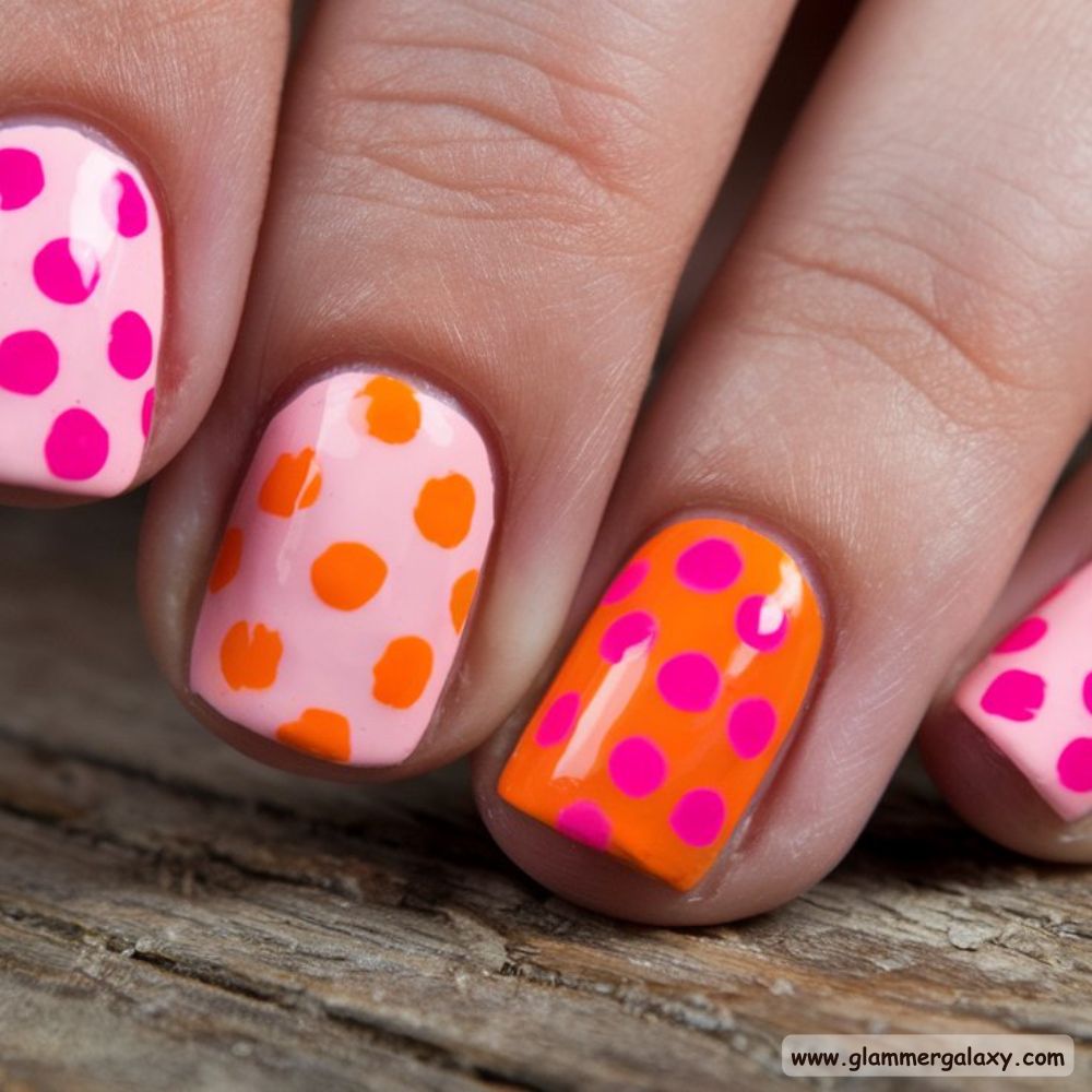 Orange and Pink Summer Nails with Creative Mismatched Mani