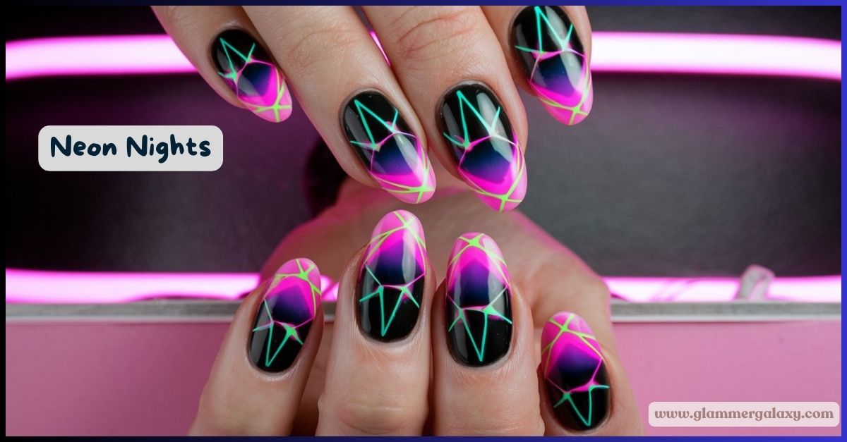 Multicolored neon nail art on fingers against a pink neon light background.