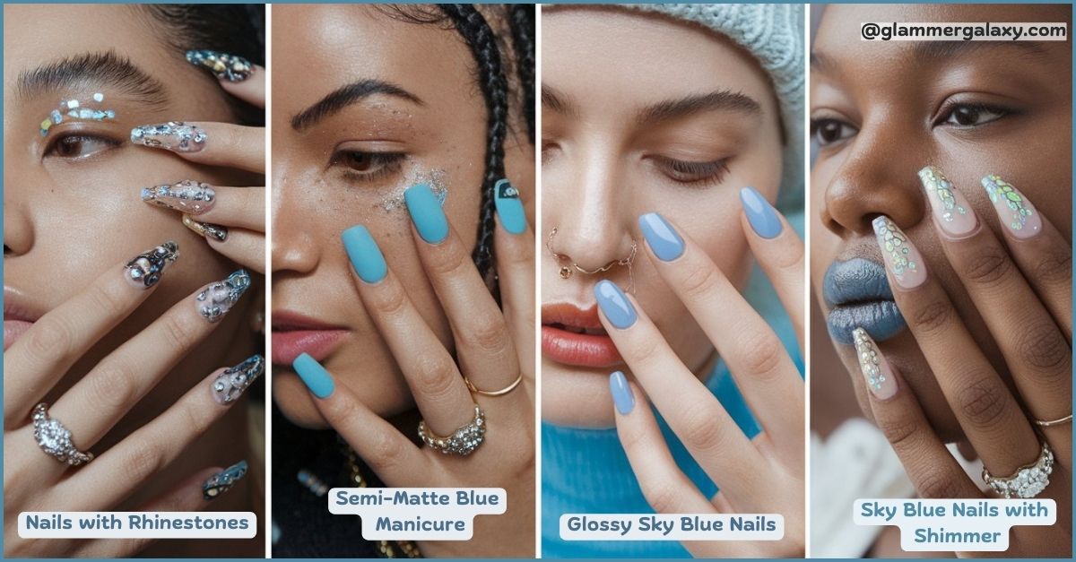 A collage of three images featuring different blue nail designs: light blue nails with a design, green swirl art on sky blue nails, and two-tone French tip blue nails.