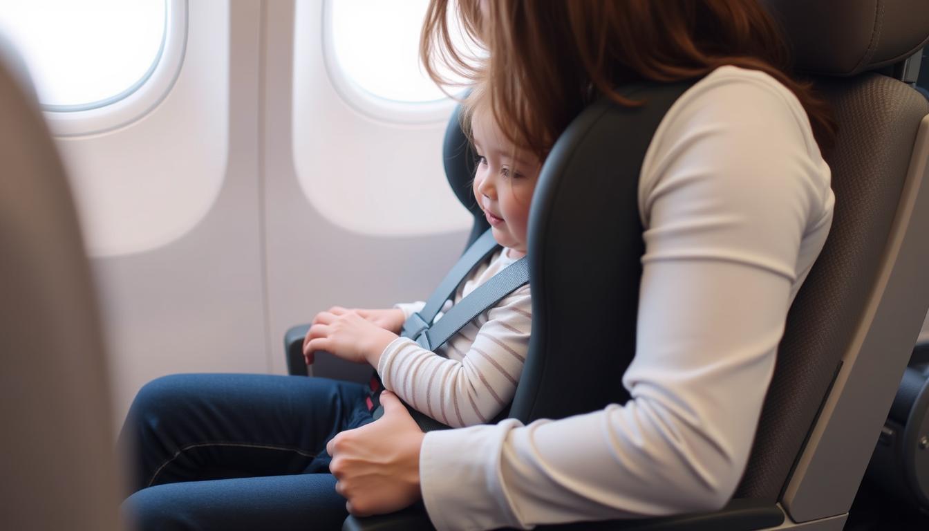 Parent installing a travel car seat in an airplane seat