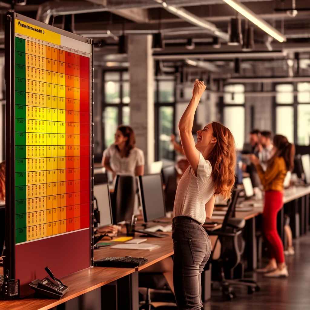 Energized sales team rejoicing around a color-coded progress board, representing reduced turnover, stronger performance, and faster onboarding through sales skills assessments.