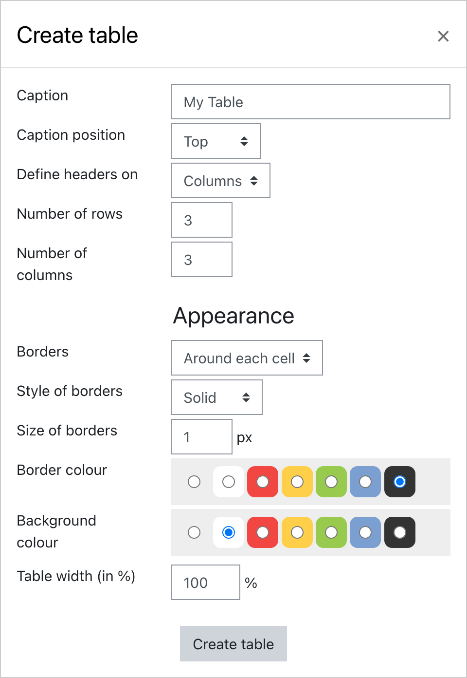 Table settings pop-up window