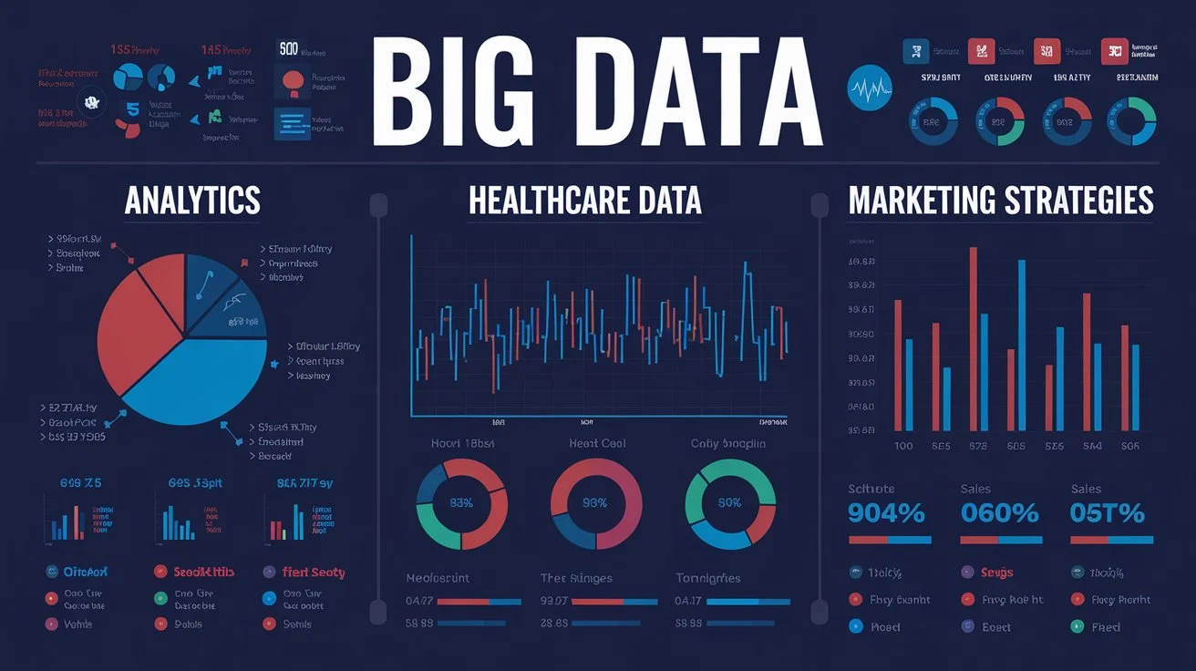 A visual representation of big data's impact across various industries, showcasing analytics, healthcare data, and marketing strategies.