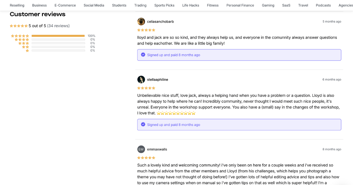 Screenshot of 5-star customer reviews