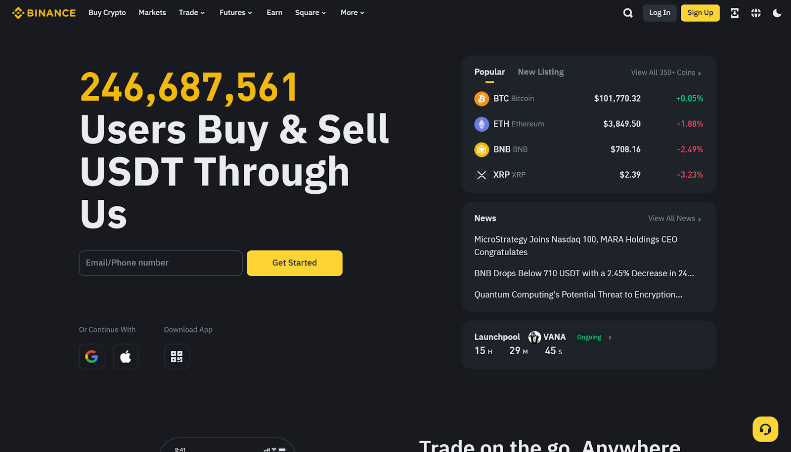 Binance exchange homepage