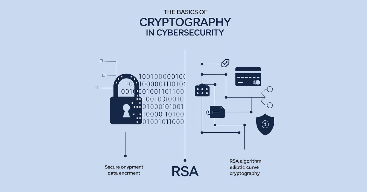 The image highlights the basics of cryptography in cybersecurity, featuring secure data encryption on the left and RSA algorithms with elliptic curve cryptography on the right.