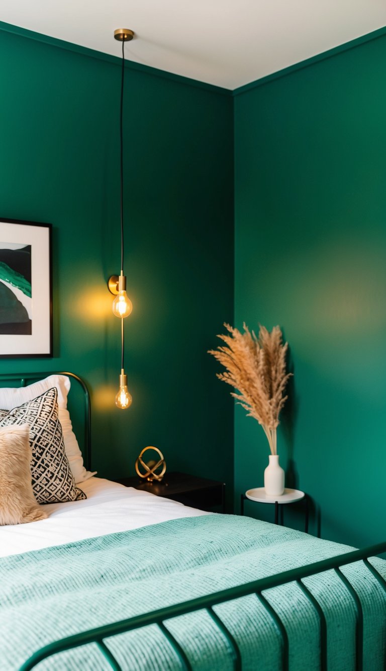 An emerald green accent wall in a bedroom with cozy lighting and decorative elements