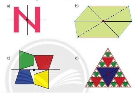 BÀI 2: HÌNH CÓ TÂM ĐỐI XỨNG1. Hình có tâm đối xứng. Tâm đối xứngBài 1:a) Lấy một điểm A bất kì trên đường tròn tâm O. Hãy tìm điểm B trên đường tròn sao cho O là trung điểm của đoạn thẳng AB (Hình 1a).b) Cho hình bình hành ABCD, hai đường chéo AC và BD cắt nhau tại I. Đường thẳng qua I cắt AB tại M và cắt CD tại M. Đo rồi so sánh độ dài IM và IM (Hình 1b). Giải nhanh:a) b) Độ dài IM = IM Bài 2: Tìm tâm đối xứng của mỗi hình (nếu có).Giải nhanh: Hình d không có tâm đối xứngBài 3: Em hãy cho biết trong những hình đã học như hình vuông, hình tam giác đều, hình lục giác đều, hình chữ nhật, hình bình hành, hình thoi, hình thang cân, hình nào có tâm đối xứng.Giải nhanh:Hình vuông, hình lục giác đều, hình chữ nhật, hình bình hành, hình thoi2. Nhận biết những hình phẳng trong tự nhiên có tâm đối xứngBài 1: Hai bông hoa và chiếc lá dưới đây, hình nào có tâm đối xứng? Nếu có, hãy chỉ ra tâm đối xứng của nó.Giải nhanh:Hình a có tâm đối xứng3. Bài tập