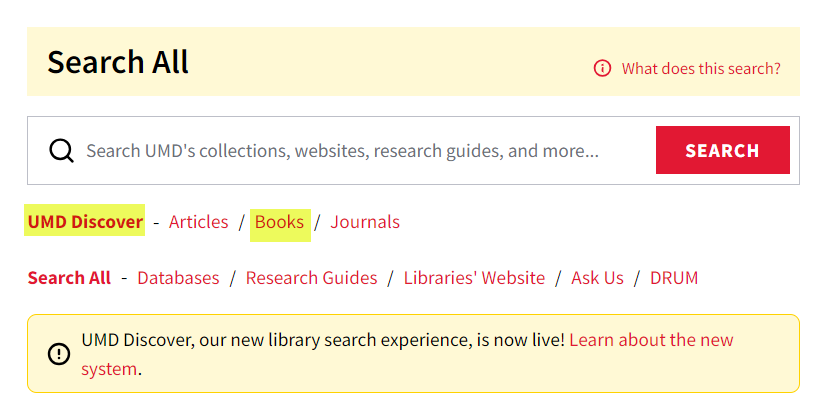 Screenshot of the library homepage highlighting where to find UMD Discover and the Books-specific UMD Discover option