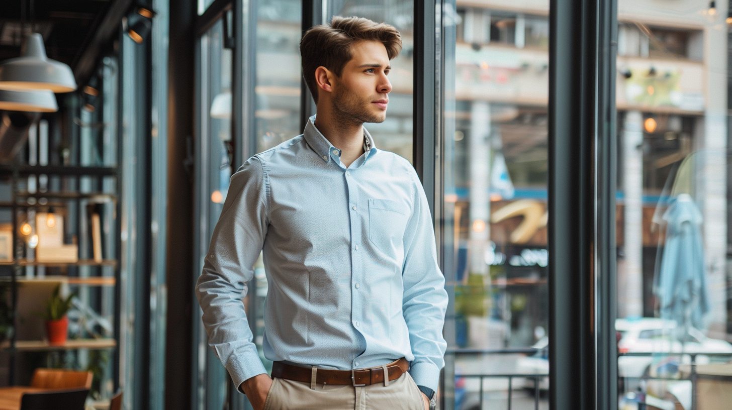 Man in a light blue Oxford shirt with a button-down collar, tucked into chinos, smart-casual style, modern office or coffee shop background.