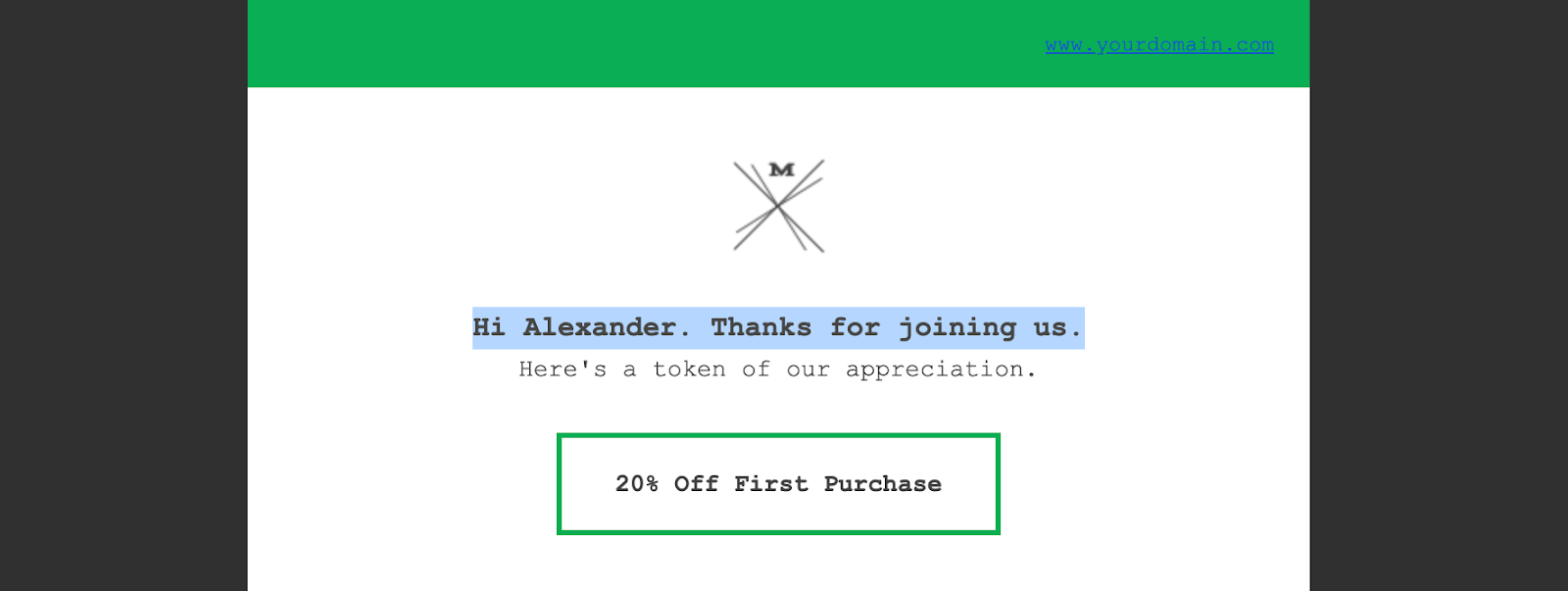 実際のテンプレートのスクショ「Hi Alexander. Thanks for joining us.」と書かれた箇所。