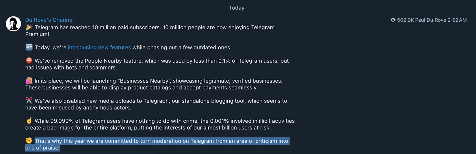 Thông báo của CEO Telegram
