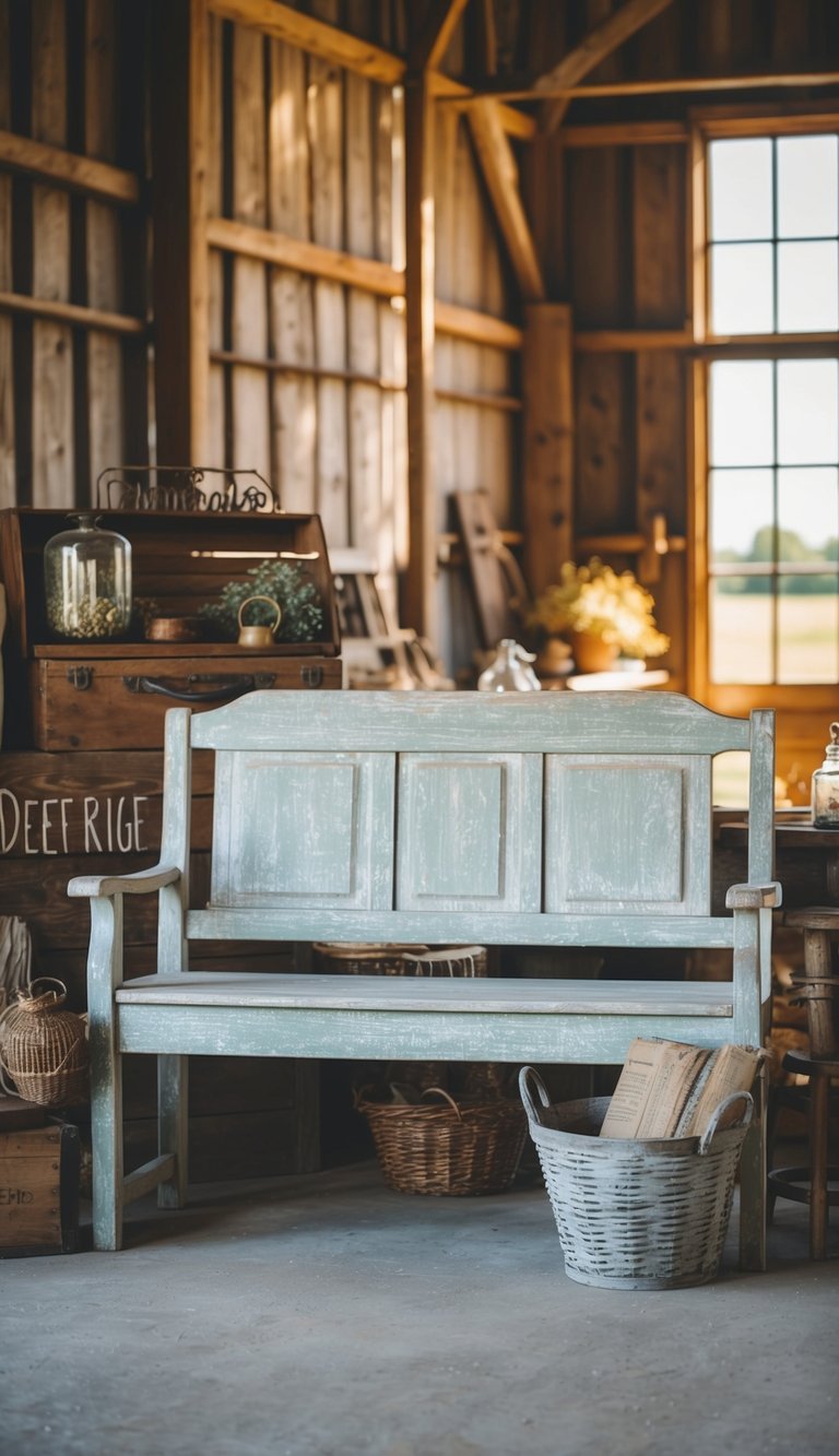 A weathered farmhouse bench sits in a sunlit barn, surrounded by rustic decor and vintage items