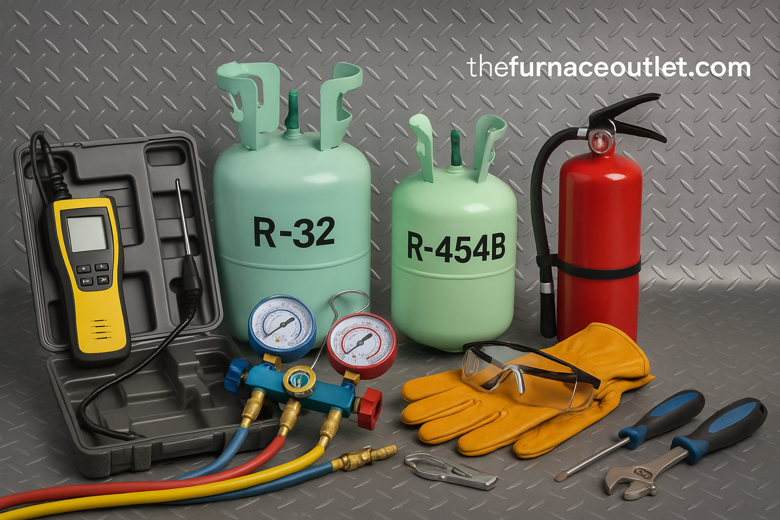 A photograph displays HVAC technician training tools including R-32 and R-454B refrigerant cylinders, a digital combustion analyzer in its case, manifold gauges, safety gloves, protective goggles, a red fire extinguisher, and precision hand tools. All items are arranged on a steel diamond-plate surface, with The Furnace Outlet branding prominently shown, emphasizing the importance of certification and ongoing education.