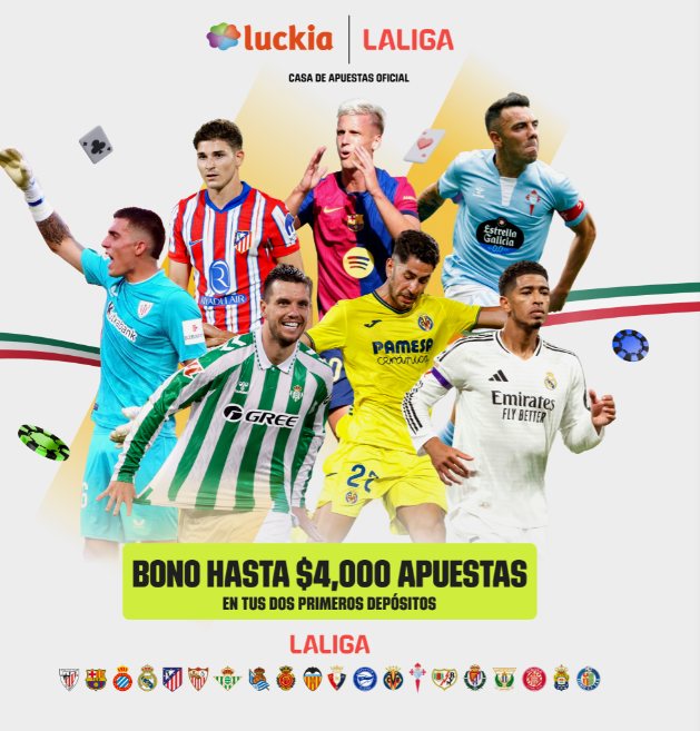 Imagen con jugadores de fútbol y el bono de bienvenida Luckia