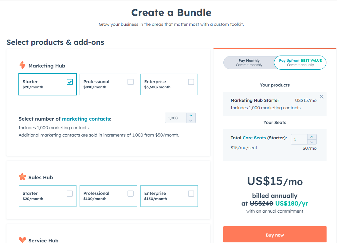 Screenshot of Hubspot select products and add-ons to a create bundle