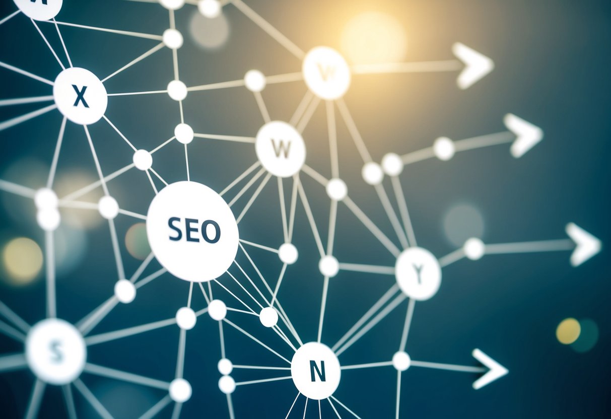 A web of interconnected nodes, representing website structure and navigation, with arrows pointing in different directions, symbolizing technical SEO concepts