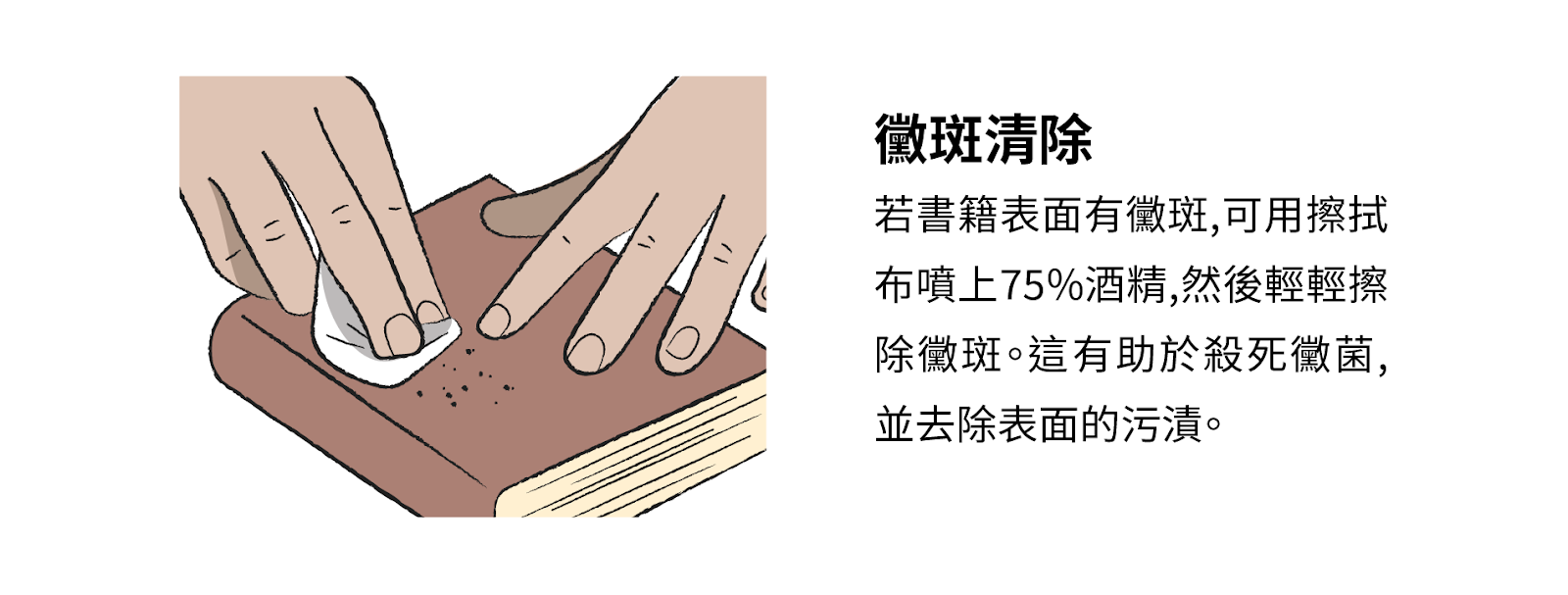 黴斑清除：若書籍表面有黴斑，可用擦拭布噴上75%酒精，然後輕輕擦除黴斑。這有助於殺死黴菌，並去除表面的污漬。