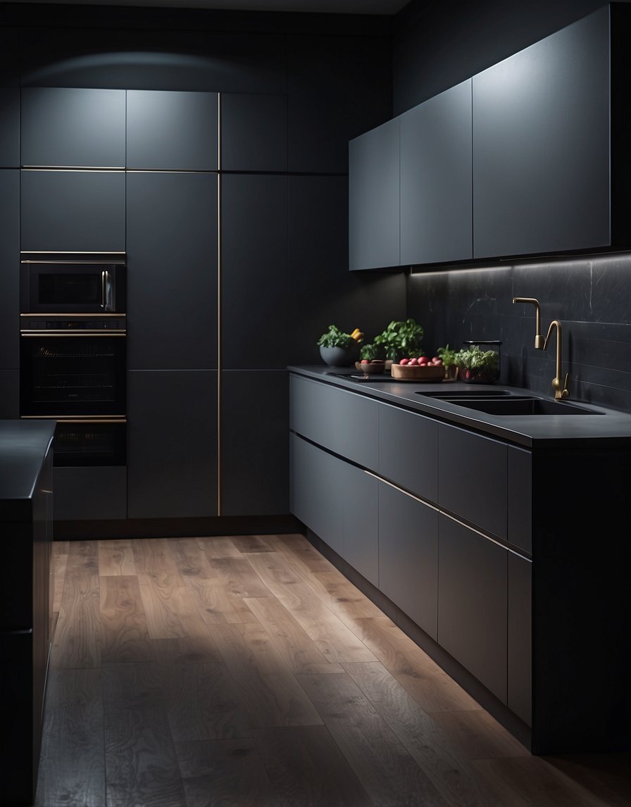 The stormy gray kitchen cabinets stand tall and sleek in the dimly lit room, casting a shadowy and mysterious atmosphere