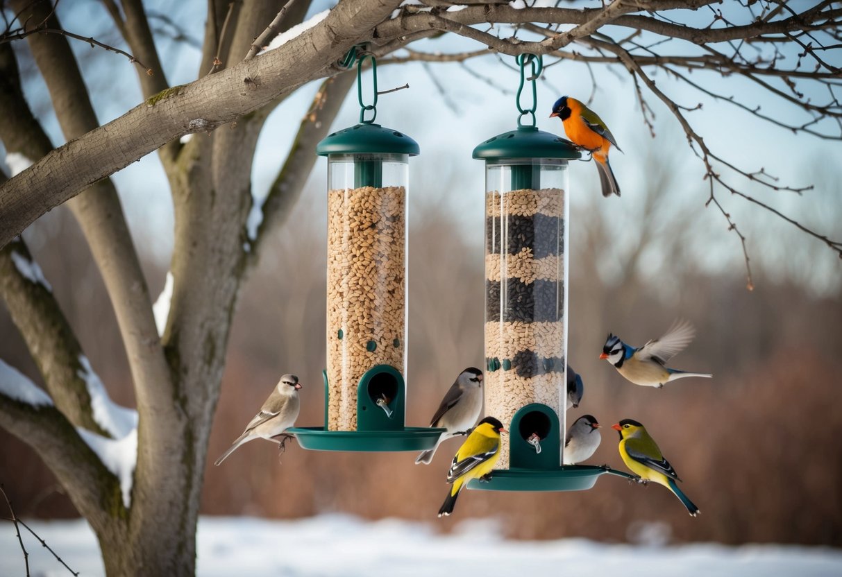 Bird feeders filled with seeds and suet hang from bare tree branches, surrounded by patches of snow. Colorful birds flock to the feeders, chirping and pecking at the food