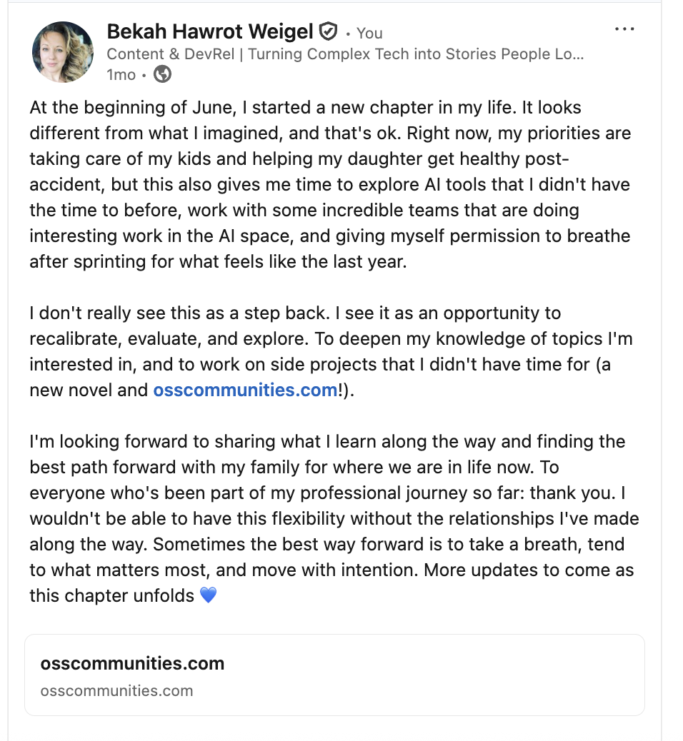 LinkedIn post that shared the url for osscommunities.com