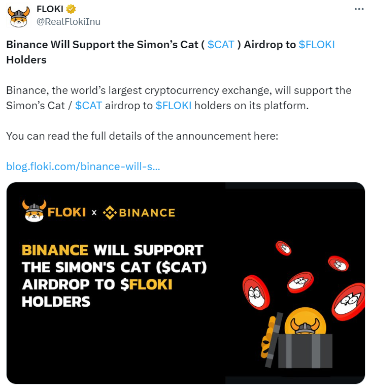 Binance to Support Simon’s Cat Airdrop, Source: Twitter