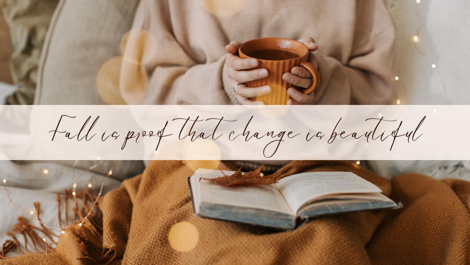 Autumn Facebook cover photo: someone seated holding a cup of coffee over a book