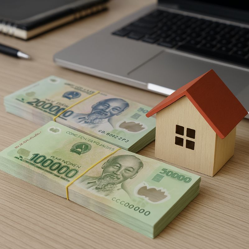 Tiền Việt và mô hình nhà nhỏ trên bàn gợi ý vốn đầu tư cơ bản