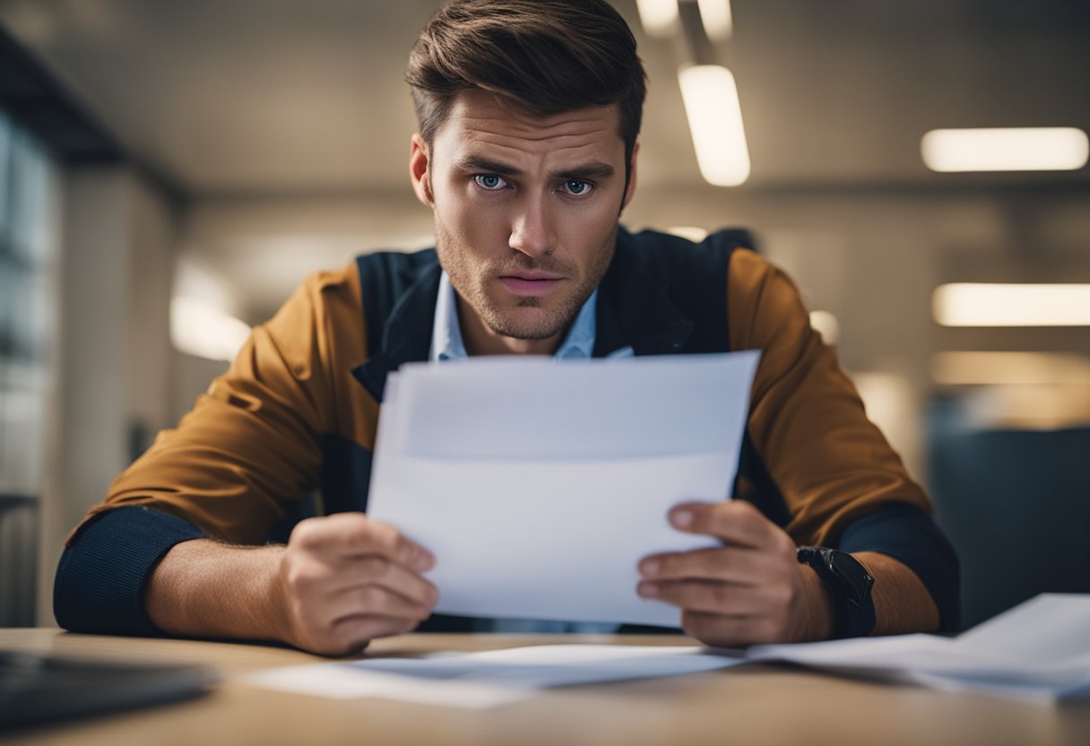 An injured worker receiving a denial letter in the mail, looking frustrated and confused