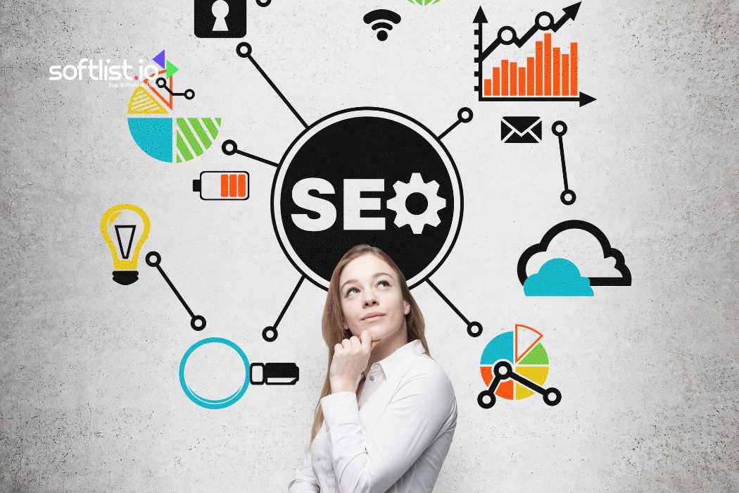 Woman thinking with SEO-related icons on a wall