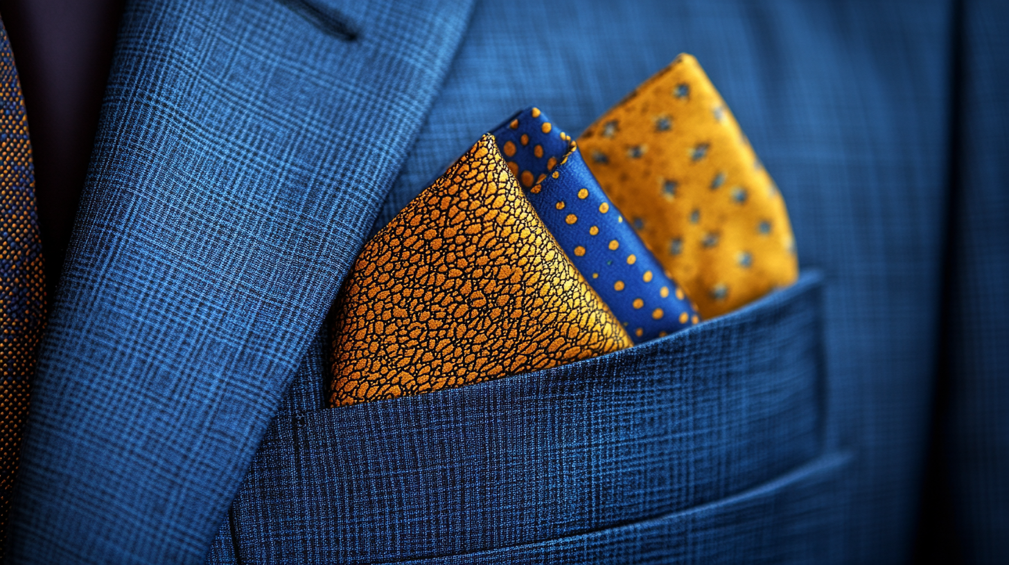 A striking royal blue suit styled with various pocket squares to complement its bold color. One features a luxurious gold pocket square, another showcases a vibrant yellow for a cheerful contrast, and a third includes soft pastel tones for a subtle, balanced look. The focus is on the interplay of colors and textures, with the royal blue suit serving as a vibrant backdrop. The setting is elegant and refined, with soft lighting enhancing the richness of the blue and the details of the pocket squares