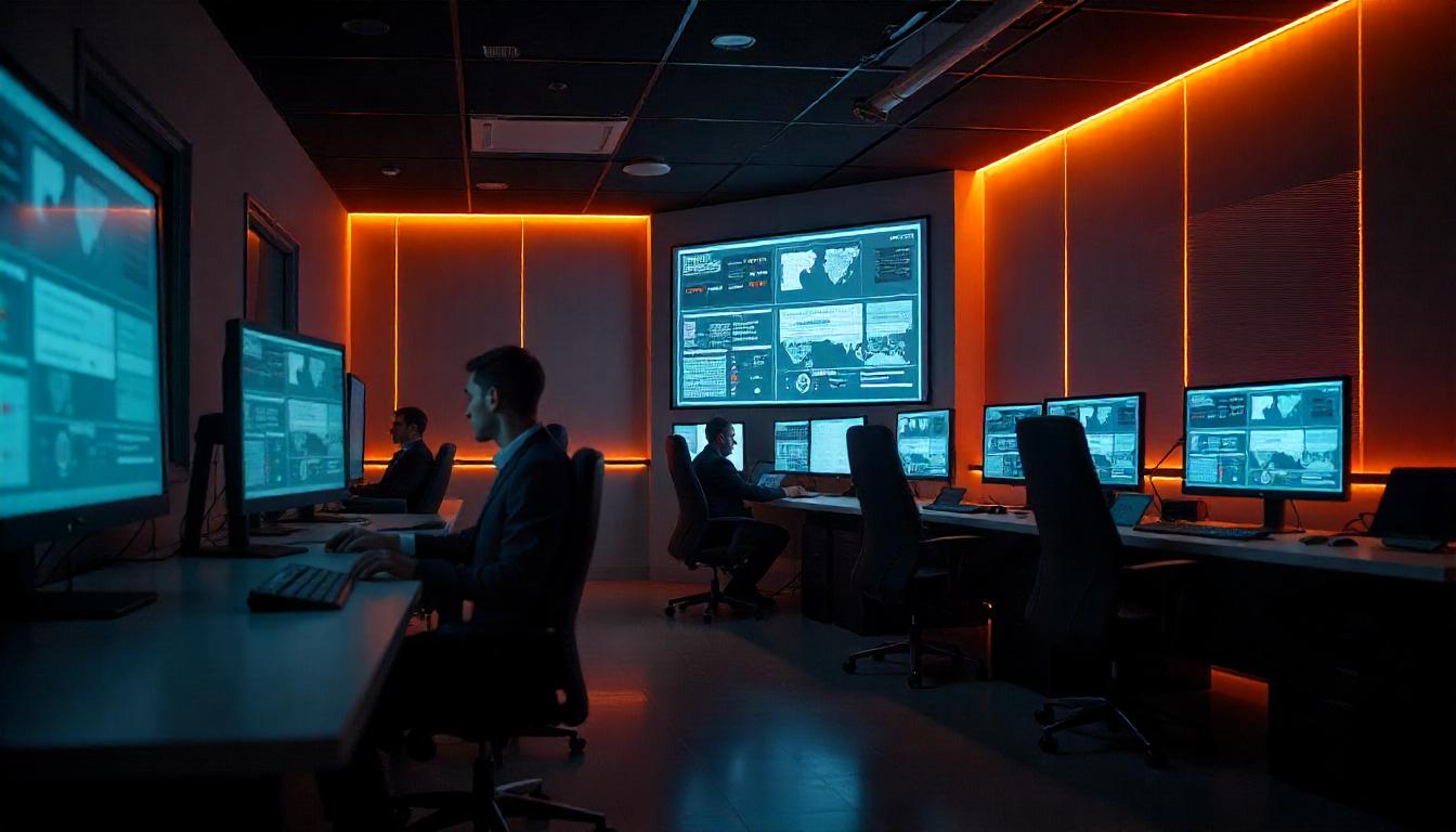 The security professionals diligently monitoring the array of screens in this shadowy, high-tech control room underscores the critical "threat detection after hours" capabilities required to safeguard an organization's digital infrastructure, even during the late night or early morning hours.