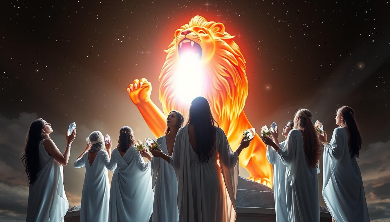 A group of people standing in front of a glowing lion statue, holding crystals and herbs while looking up at the stars. The lion's mane is made of fire, and a bright portal can be seen between its paws. The people are dressed in flowing white garments and have their eyes closed in concentration as they manifest their dreams through the Lions Gate Portal.